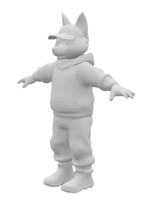 3D model for A young, cool anthropomorphic wolf standing in a T-pose with fingers spread wide. He has sleek gray fur, sharp but friendly features, and wears a stylish streetwear outfit: a baggy hoodie with the hood down and a backwards baseball cap. The cap is worn slightly off-center for a laid-back vibe. He also wears distressed jeans and high-top sneakers. The wolf has a confident, urban edge, like a skater or city kid, with expressive eyes and a slight smirk. His arms are stretched out straight in a T-pose, with fingers clearly spread. Plain white background. Full-body character design, cartoon or semi-realistic style, suitable for animation or concept art.

