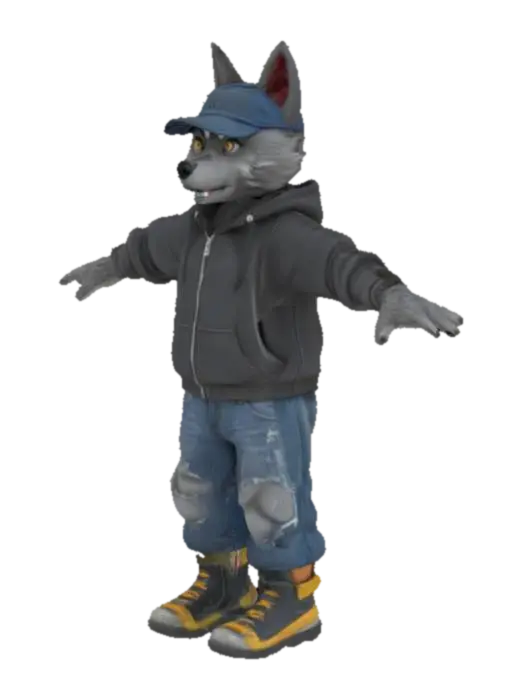 3D model for A young, cool anthropomorphic wolf standing in a T-pose with fingers spread wide. He has sleek gray fur, sharp but friendly features, and wears a stylish streetwear outfit: a baggy hoodie with the hood down and a backwards baseball cap. The cap is worn slightly off-center for a laid-back vibe. He also wears distressed jeans and high-top sneakers. The wolf has a confident, urban edge, like a skater or city kid, with expressive eyes and a slight smirk. His arms are stretched out straight in a T-pose, with fingers clearly spread. Plain white background. Full-body character design, cartoon or semi-realistic style, suitable for animation or concept art.

