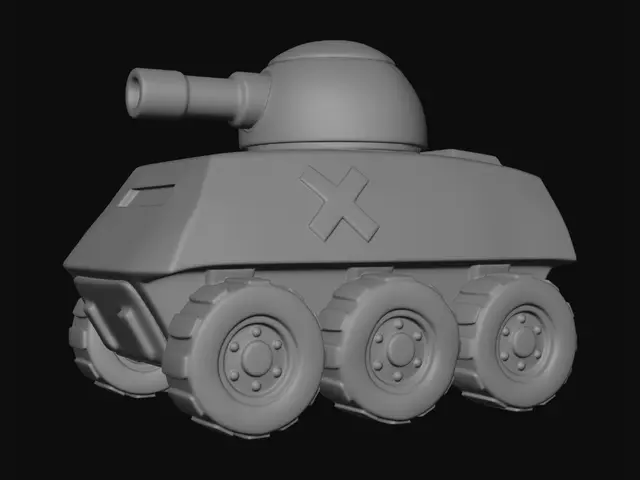 3D model for A close-up, 3d cartoon render of a green tank with six wheels mounted on a chassis. The chassis has a red 'X' emblem on the side and a black vision slit at the front. The turret has a dome or rounded construction with a single barreled cannon.