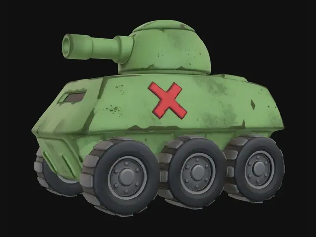 3D model for A close-up, 3d cartoon render of a green tank with six wheels mounted on a chassis. The chassis has a red 'X' emblem on the side and a black vision slit at the front. The turret has a dome or rounded construction with a single barreled cannon.