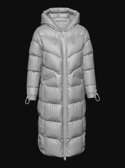 3D model for The object is a long, hooded, oversized puffer down coat with horizontal quilting, a hood, and a central zipper, featuring drawstrings on its cuffs for adjustments. The coat is khaki green. White backdrop