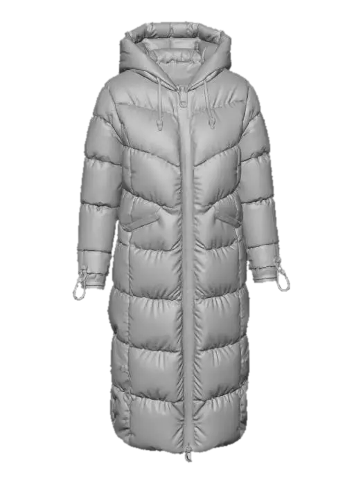 3D model for The object is a long, hooded, oversized puffer down coat with horizontal quilting, a hood, and a central zipper, featuring drawstrings on its cuffs for adjustments. The coat is khaki green. White backdrop