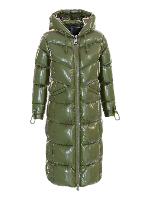 3D model for The object is a long, hooded, oversized puffer down coat with horizontal quilting, a hood, and a central zipper, featuring drawstrings on its cuffs for adjustments. The coat is khaki green. White backdrop