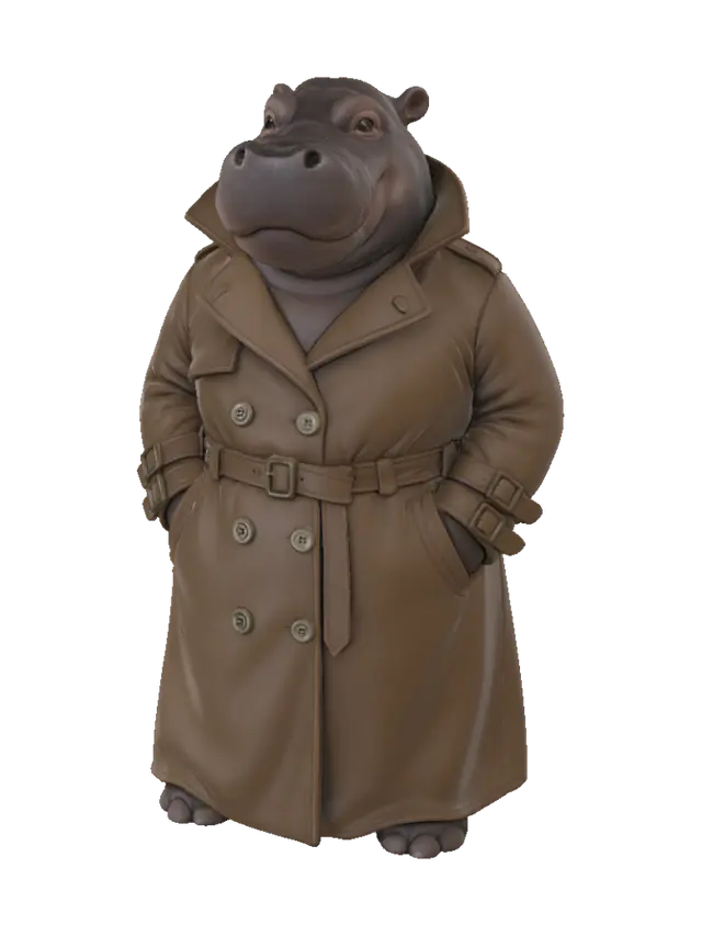 Detective Hippo - Haracter 3D-model, gegenereerd door AI