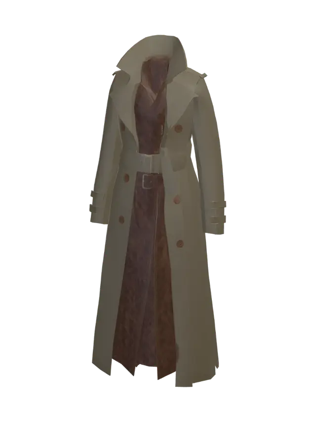 3D model for An ankle length khaki green heavy cotton trench coat with voluminous lapel collar with belt straps on the sides. The coat has oversized wooden buttons as fastening and a belt cinched at the waist. It has double belt straps on the cuffs. It has an ankle length rustic brown leather biker style trench coat beneath the cotton trench coat.