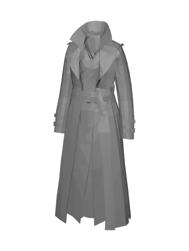 3D model for An ankle length khaki green heavy cotton trench coat with voluminous lapel collar with belt straps on the sides. The coat has oversized wooden buttons as fastening and a belt cinched at the waist. It has double belt straps on the cuffs. It has an ankle length rustic brown leather biker style trench coat beneath the cotton trench coat.
