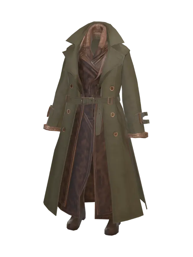 3D model for An ankle length khaki green heavy cotton trench coat with voluminous lapel collar with belt straps on the sides. The coat has oversized wooden buttons as fastening and a belt cinched at the waist. It has double belt straps on the cuffs. It has an ankle length rustic brown leather biker style trench coat beneath the cotton trench coat. The brown leather trench coat has a huge lapel collar with sheepskin fur trim and on its cuffs.