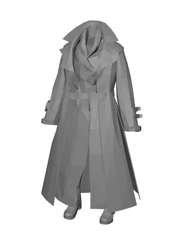 3D model for An ankle length khaki green heavy cotton trench coat with voluminous lapel collar with belt straps on the sides. The coat has oversized wooden buttons as fastening and a belt cinched at the waist. It has double belt straps on the cuffs. It has an ankle length rustic brown leather biker style trench coat beneath the cotton trench coat. The brown leather trench coat has a huge lapel collar with sheepskin fur trim and on its cuffs.