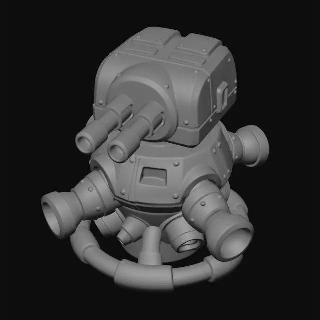 3D model for A close-up, 3d cartoon render of a futuristic automated turret with jet engines mounted on a probe base. The jet engines are emitting bright red flames. The turret itself has a metallic, blocky construction with a double barreled cannon.