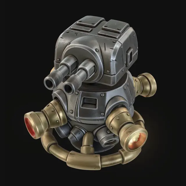 3D model for A close-up, 3d cartoon render of a futuristic automated turret with jet engines mounted on a probe base. The jet engines are emitting bright red flames. The turret itself has a metallic, blocky construction with a double barreled cannon.