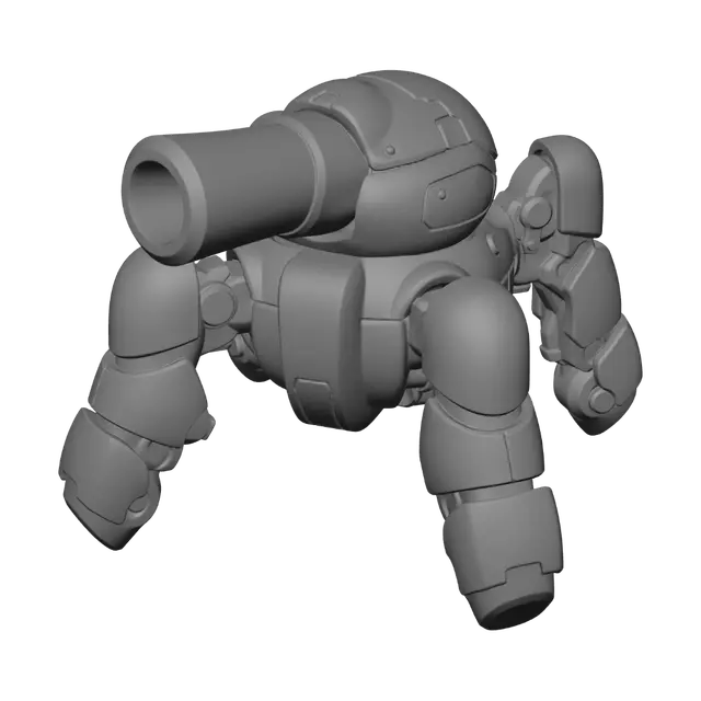 3D model for A compact, heavy-duty gun turret, featuring a robust, squat metallic body in a deep, aged bronze-red finish with subtle scuff marks. A prominent, thick barrel dominates the front, rendered in a muted blue-grey, suggesting a different, more durable alloy. The structure is supported by four stubby, articulated legs, giving it a stable, spider-like stance. Shadows indicate a top-down light source, highlighting the rounded contours of its armored chassis and barrel.