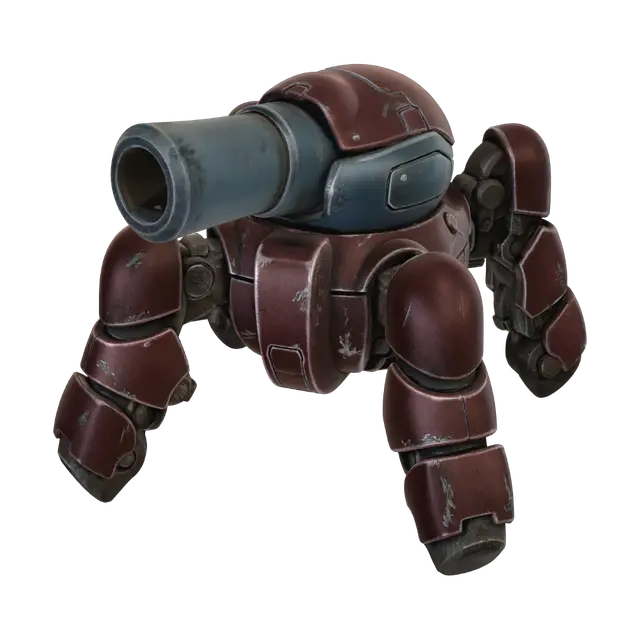 3D model for A compact, heavy-duty gun turret, featuring a robust, squat metallic body in a deep, aged bronze-red finish with subtle scuff marks. A prominent, thick barrel dominates the front, rendered in a muted blue-grey, suggesting a different, more durable alloy. The structure is supported by four stubby, articulated legs, giving it a stable, spider-like stance. Shadows indicate a top-down light source, highlighting the rounded contours of its armored chassis and barrel.