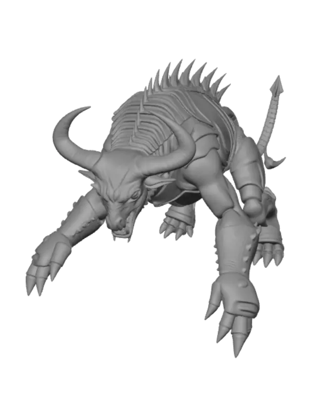 3D model for A single menacing four-legged monster, bull-sized, one fused
body with integrated anatomy. Head of a raging bull with long
sharp curved horns, furrowed brow, and a snarling snout. Heavily
muscled torso armored in hard segmented scorpion chitin plates
that blend into the hide. The two front legs end in massive
scorpion pincer claws; the two rear legs are powerful hooved
bull legs. A long segmented scorpion tail rises from the lower
back and arcs forward over the head, ending in a sharp venomous
stinger. Low crouched attack stance, predatory and battle-ready.
One continuous creature, not two animals, not stacked, not a
bull riding a scorpion.