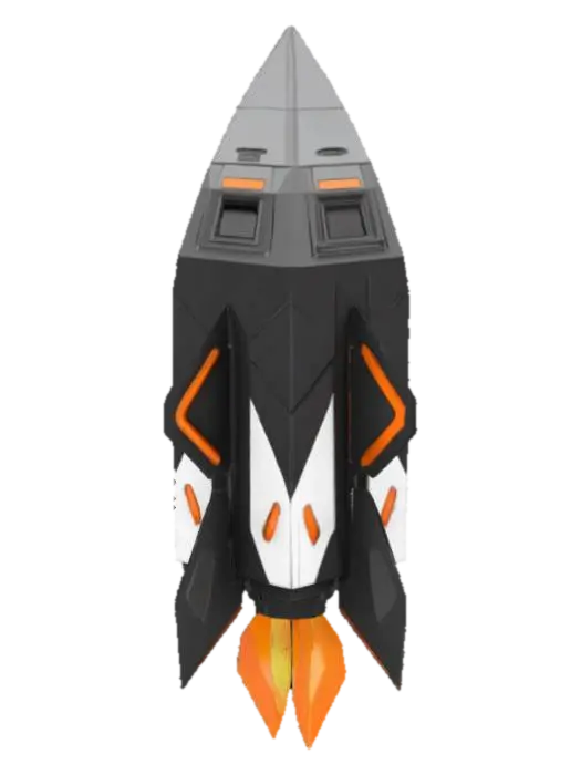 The object is a square, angular design with a three-dimensional rocket, sharp… 3D model, vytvořený pomocí AI