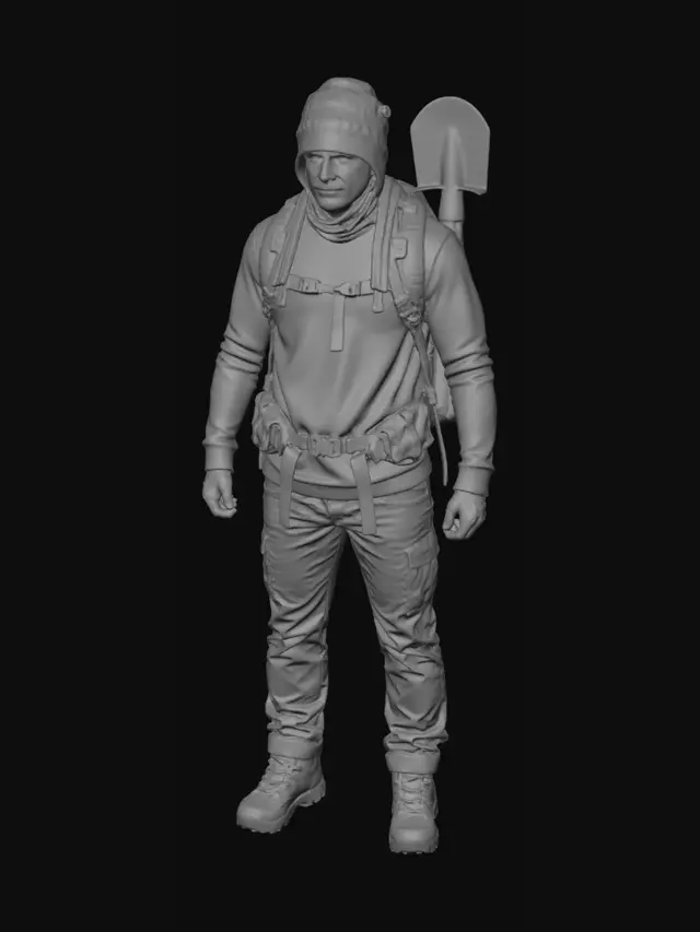 3D model for Hiker in winter gear with backpack and shovel