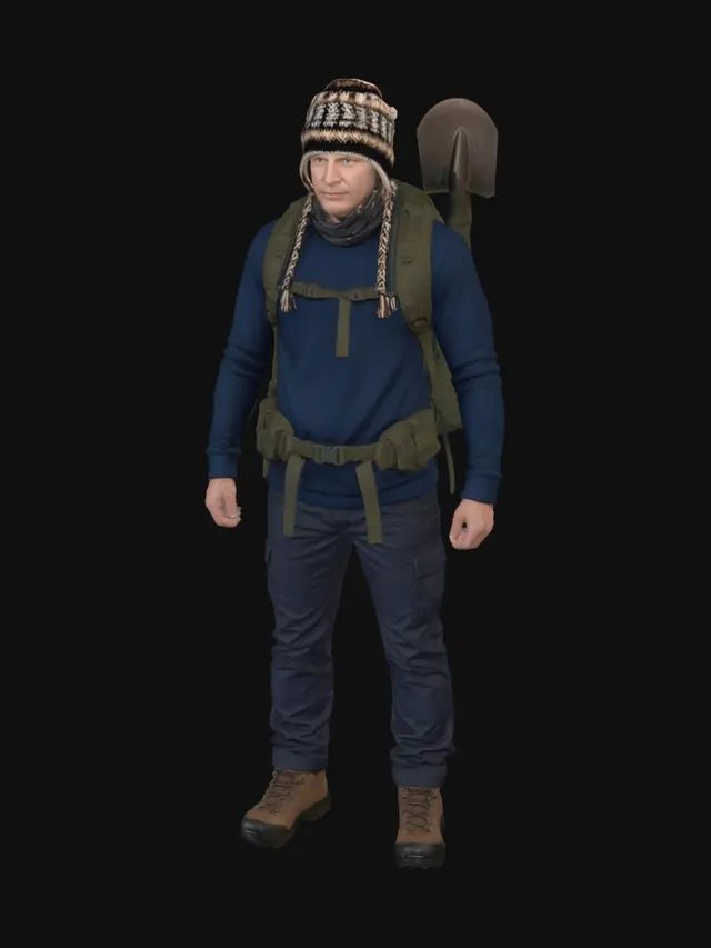3D model for Hiker in winter gear with backpack and shovel