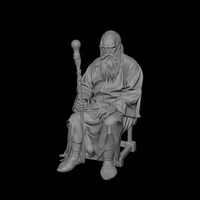 3D model for A full-body bronze sculpture of a kind old man, sitting on the left side of a simple wooden park bench. The bench has no pedestal or base, it stands directly on the ground, the right half completely empty and inviting. The old man looks like a character from Russian fairy tales — a gentle grandfather with a long white beard, smiling warmly. He wears a traditional Russian kosovorotka shirt, a worn vest, loose trousers, and valenki boots. One hand rests on a carved wooden walking stick, the other hand lies relaxed on his lap. The bench is clearly made of wooden planks with visible wood grain texture, all cast in bronze to look like aged wood. The sculpture is a single integrated object: the figure and bench together. Style: realistic outdoor street statue, dark bronze with subtle green verdi