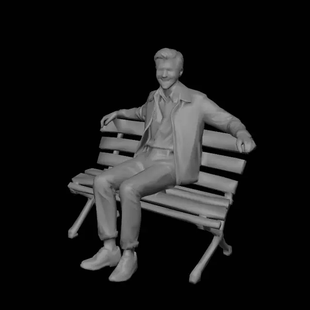 3D model for A realistic bronze sculpture of a friendly, smiling man sitting on the far left side of a wooden park bench. The bench looks like real painted wood with visible grain and is cast in bronze, with four legs standing directly on the ground. There is no pedestal, no base, no plinth — just the bench and the man as one solid object. The right half of the bench is completely empty and inviting. The man is relaxed, leaning back comfortably, with both arms stretched out to the sides and resting along the top of the backrest. This pose makes it look like he is warmly inviting someone to sit next to him, as if giving a gentle side-hug. He wears simple, casual modern clothes and trainers. His expression is kind and welcoming. Style: photorealistic outdoor street sculpture, dark bronze with subtle gree