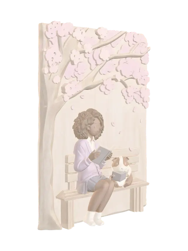 GIRL READING WITH PET - Plaque 3D model, vytvořený pomocí AI