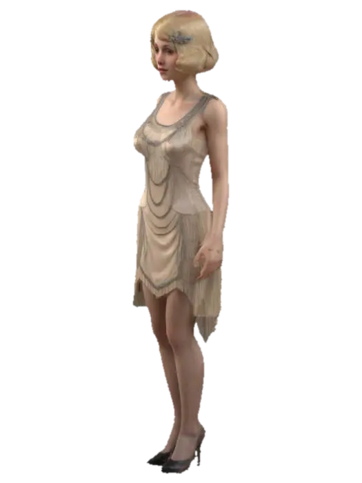 A 3D model of a slim, tall female character in her early 20s. She has blond hair,… - Flapper-3D-modell, genererad av AI