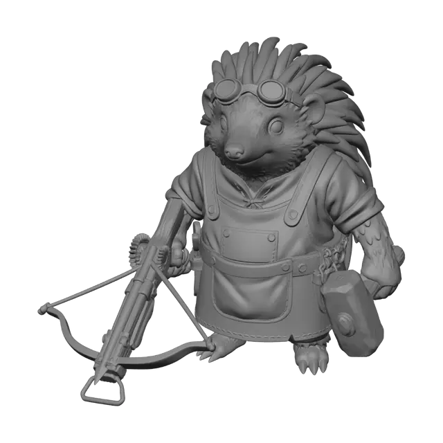 3D model for medieval echidna tinker character holding a crossbow in their left hand and a hammer in their right wearing work bibs with an opening for their pouch.
