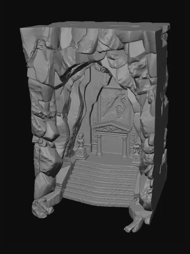 3D model for At the base of a massive, active volcano lies a cavernous entrance to an ancient fire temple. Jagged black basalt cliffs surround a wide cave mouth glowing with deep red light from molten lava pools inside. Cracked stone steps lead up to the entrance, each slab scorched and marked by centuries of heat. Streams of lava flow down the mountainside, casting flickering orange reflections across the rocky terrain. Ancient carvings of fire spirits and magma beasts are etched into the stone pillars framing the entrance, partially melted from past eruptions. Ash drifts through the air, and the atmosphere feels intense, dangerous, and sacred — as if the mountain itself is alive and guarding the temple.