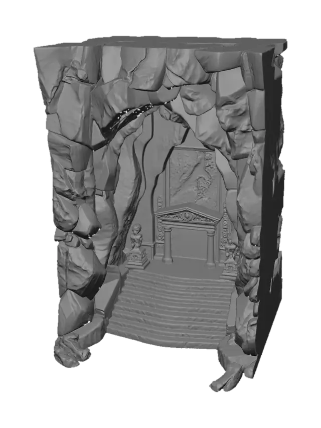 3D model for At the base of a massive, active volcano lies a cavernous entrance to an ancient fire temple. Jagged black basalt cliffs surround a wide cave mouth glowing with deep red light from molten lava pools inside. Cracked stone steps lead up to the entrance, each slab scorched and marked by centuries of heat. Streams of lava flow down the mountainside, casting flickering orange reflections across the rocky terrain. Ancient carvings of fire spirits and magma beasts are etched into the stone pillars framing the entrance, partially melted from past eruptions. Ash drifts through the air, and the atmosphere feels intense, dangerous, and sacred — as if the mountain itself is alive and guarding the temple.