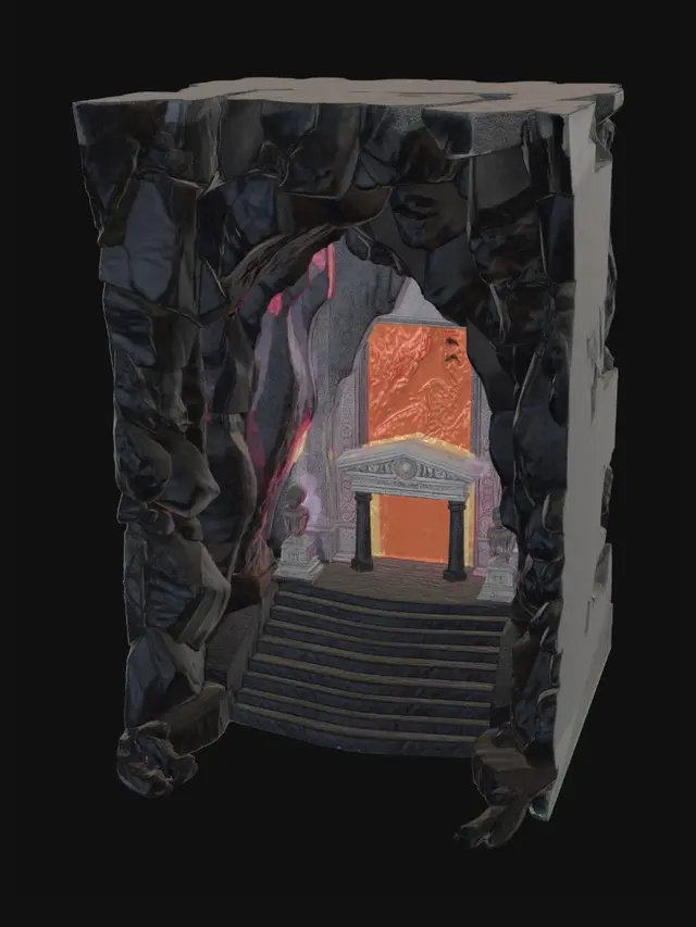 3D model for At the base of a massive, active volcano lies a cavernous entrance to an ancient fire temple. Jagged black basalt cliffs surround a wide cave mouth glowing with deep red light from molten lava pools inside. Cracked stone steps lead up to the entrance, each slab scorched and marked by centuries of heat. Streams of lava flow down the mountainside, casting flickering orange reflections across the rocky terrain. Ancient carvings of fire spirits and magma beasts are etched into the stone pillars framing the entrance, partially melted from past eruptions. Ash drifts through the air, and the atmosphere feels intense, dangerous, and sacred — as if the mountain itself is alive and guarding the temple.