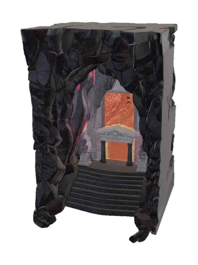 3D model for At the base of a massive, active volcano lies a cavernous entrance to an ancient fire temple. Jagged black basalt cliffs surround a wide cave mouth glowing with deep red light from molten lava pools inside. Cracked stone steps lead up to the entrance, each slab scorched and marked by centuries of heat. Streams of lava flow down the mountainside, casting flickering orange reflections across the rocky terrain. Ancient carvings of fire spirits and magma beasts are etched into the stone pillars framing the entrance, partially melted from past eruptions. Ash drifts through the air, and the atmosphere feels intense, dangerous, and sacred — as if the mountain itself is alive and guarding the temple.