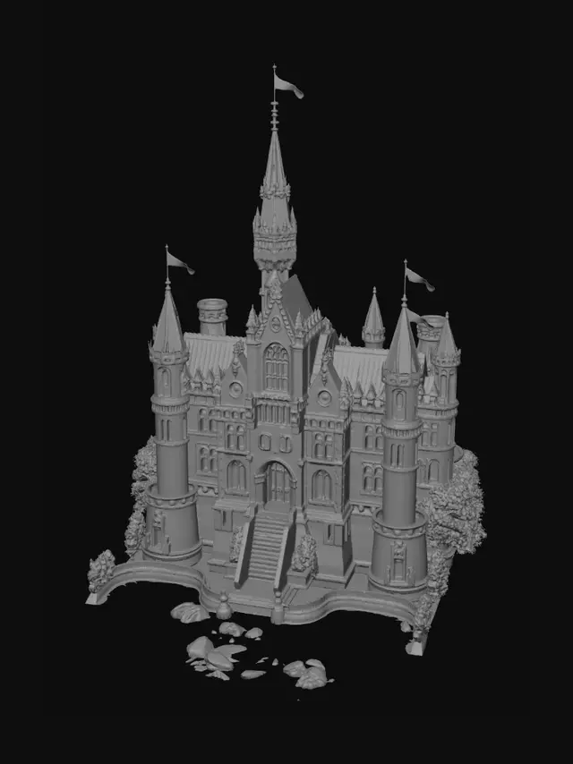 3D model for A grand ancient castle rises above a lush fantasy landscape, built of pale stone and towering spires that stretch toward the sky. Elegant battlements, arched bridges, and tall stained‑glass windows reflect soft magical light. A wide stone staircase leads to an ornate main gate decorated with royal crests and faded symbols of forgotten heroes. The castle sits atop a cliff surrounded by flowing rivers and green fields, with banners fluttering in the wind. Subtle mystical energy radiates from the highest tower, hinting at hidden secrets and ancient power within. The atmosphere is heroic, adventurous, and timeless, with bright fantasy lighting and a sense of destiny.
