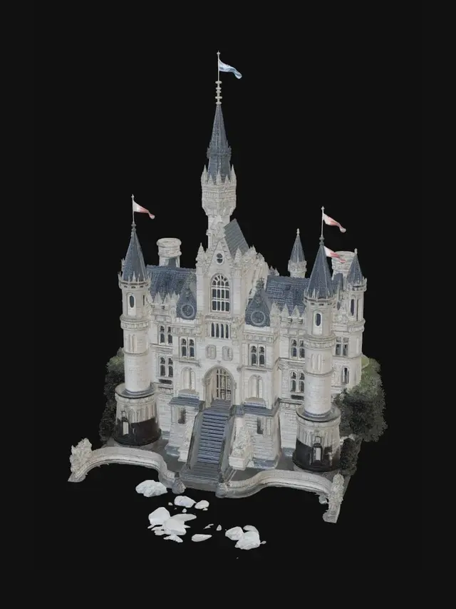3D model for A grand ancient castle rises above a lush fantasy landscape, built of pale stone and towering spires that stretch toward the sky. Elegant battlements, arched bridges, and tall stained‑glass windows reflect soft magical light. A wide stone staircase leads to an ornate main gate decorated with royal crests and faded symbols of forgotten heroes. The castle sits atop a cliff surrounded by flowing rivers and green fields, with banners fluttering in the wind. Subtle mystical energy radiates from the highest tower, hinting at hidden secrets and ancient power within. The atmosphere is heroic, adventurous, and timeless, with bright fantasy lighting and a sense of destiny.