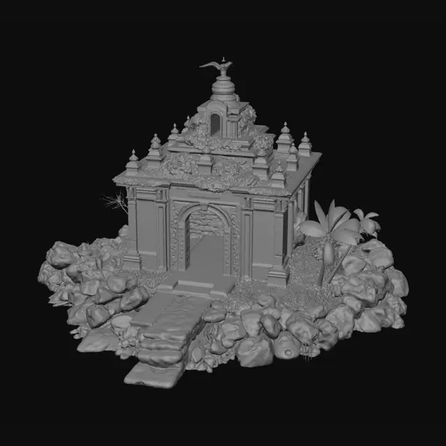 3D model for A tiny, isolated island in the middle of a vast blue ocean, inspired by the style and mood of Link’s Awakening. At the center sits an ancient water‑temple entrance built of worn stone, half‑sunken and covered in moss. A short staircase leads up to a carved archway glowing faint aqua light. The island is ringed by jagged rocks breaking the waves, with seagulls circling overhead. Palm trees bend slightly from the sea breeze, and patches of wet sand reflect the sky. The whole scene feels mystical, inviting, and slightly forgotten, with soft fantasy lighting and a sense of adventure.