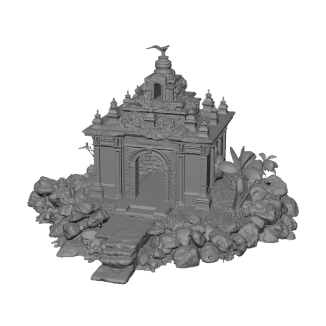 3D model for A tiny, isolated island in the middle of a vast blue ocean, inspired by the style and mood of Link’s Awakening. At the center sits an ancient water‑temple entrance built of worn stone, half‑sunken and covered in moss. A short staircase leads up to a carved archway glowing faint aqua light. The island is ringed by jagged rocks breaking the waves, with seagulls circling overhead. Palm trees bend slightly from the sea breeze, and patches of wet sand reflect the sky. The whole scene feels mystical, inviting, and slightly forgotten, with soft fantasy lighting and a sense of adventure.