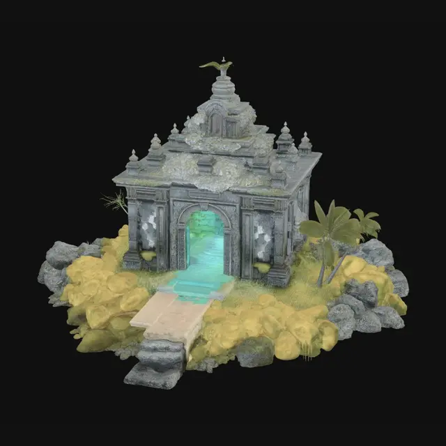 3D model for A tiny, isolated island in the middle of a vast blue ocean, inspired by the style and mood of Link’s Awakening. At the center sits an ancient water‑temple entrance built of worn stone, half‑sunken and covered in moss. A short staircase leads up to a carved archway glowing faint aqua light. The island is ringed by jagged rocks breaking the waves, with seagulls circling overhead. Palm trees bend slightly from the sea breeze, and patches of wet sand reflect the sky. The whole scene feels mystical, inviting, and slightly forgotten, with soft fantasy lighting and a sense of adventure.
