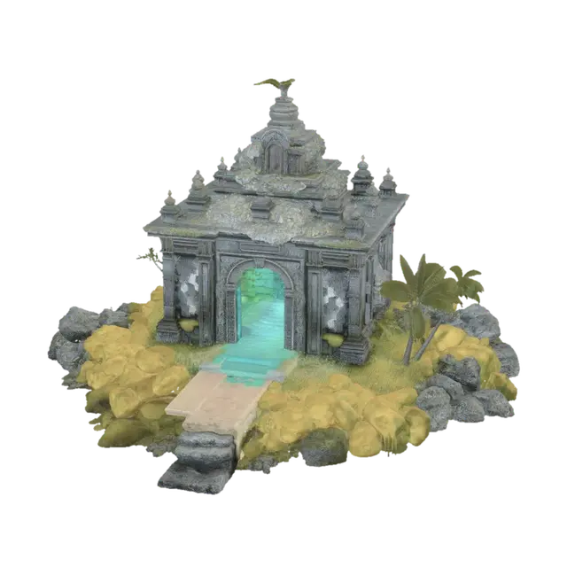 3D model for A tiny, isolated island in the middle of a vast blue ocean, inspired by the style and mood of Link’s Awakening. At the center sits an ancient water‑temple entrance built of worn stone, half‑sunken and covered in moss. A short staircase leads up to a carved archway glowing faint aqua light. The island is ringed by jagged rocks breaking the waves, with seagulls circling overhead. Palm trees bend slightly from the sea breeze, and patches of wet sand reflect the sky. The whole scene feels mystical, inviting, and slightly forgotten, with soft fantasy lighting and a sense of adventure.