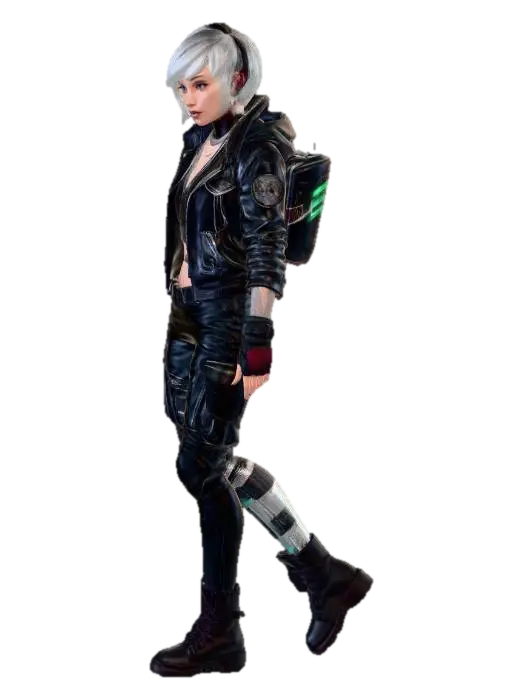Modello 3D cyberpunk drifter NPC, female, prosthetic leg, worn jacket walking, generato dall’IA
