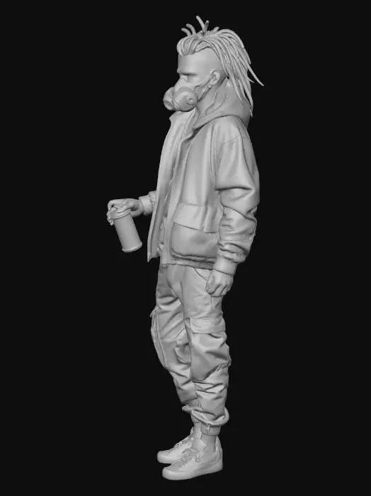 3D model for cyberpunk graffiti artist, androgynous, lanky build, silver cyber dreads, respirator mask, oversized jacket