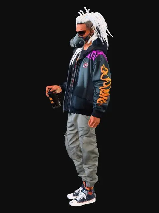 3D model for cyberpunk graffiti artist, androgynous, lanky build, silver cyber dreads, respirator mask, oversized jacket