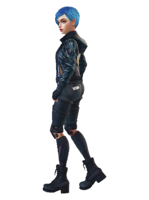 Modello 3D cyberpunk drifter NPC, female, prosthetic leg, worn jacket walking, generato dall’IA