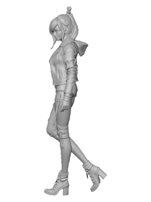 3D model for cyberpunk drifter NPC, female, prosthetic leg, worn jacket walking