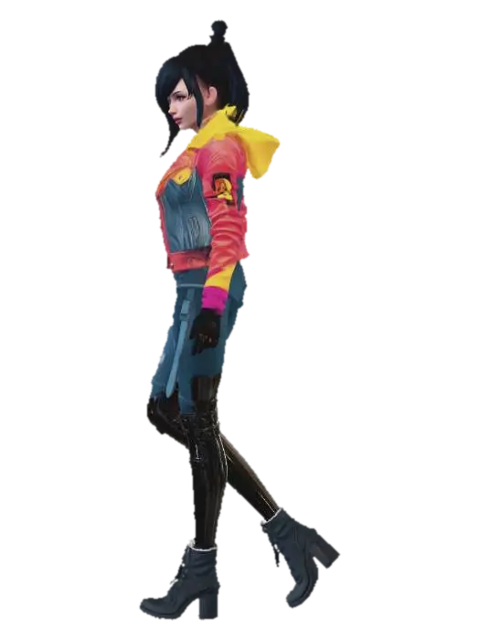 3D model for cyberpunk drifter NPC, female, prosthetic leg, worn jacket walking