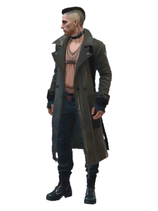 Modello 3D cyberpunk street drifter, rugged male, shaved sides haircut with glowing circuit…, generato dall’IA