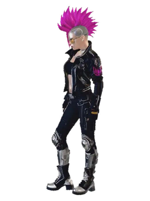 Modello 3D cyberpunk biker gang member, athletic female, bright magenta mohawk, facial cyber…, generato dall’IA
