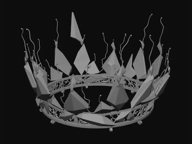 3D model for A majestic, non-Euclidean crown with shattered geometry, its fractured obsidian pieces appear to be melting and solidifying simultaneously. Floating fragments are held together by vibrant, glowing gold electrical filaments, imbuing the matte black obsidian textures with a high-contrast kintsugi aesthetic. The hyper-detailed render showcases its unique structure and luminous gold energy, captured with dramatic studio lighting.