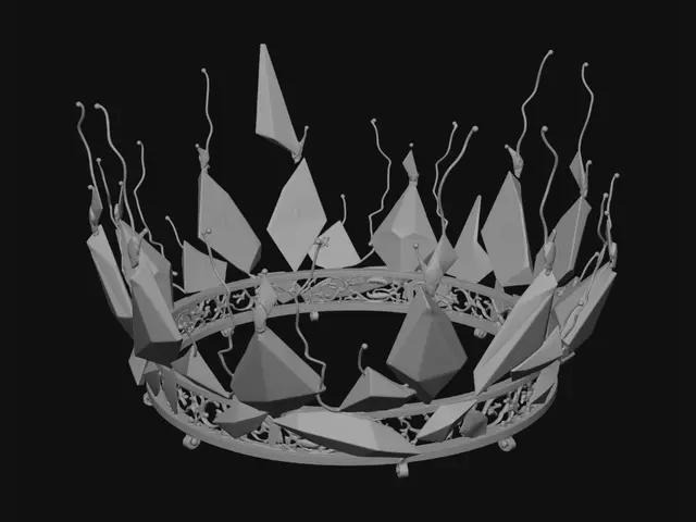 3D model for A majestic, non-Euclidean crown with shattered geometry, its fractured obsidian pieces appear to be melting and solidifying simultaneously. Floating fragments are held together by vibrant, glowing gold electrical filaments, imbuing the matte black obsidian textures with a high-contrast kintsugi aesthetic. The hyper-detailed render showcases its unique structure and luminous gold energy, captured with dramatic studio lighting.