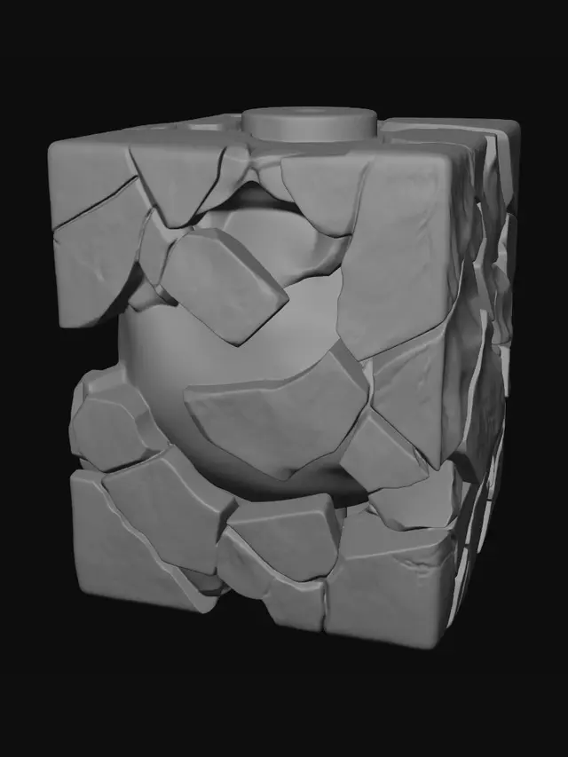 3D model for A perfectly simple fragmented obsidian cube, displaying radical shattered geometry. Its floating shards are held in place by an internal glowing gold energy core, emitting a soft, ethereal light. The matte black obsidian textures provide a high-contrast PBR aesthetic. This non-Euclidean object, unified by luminous gold electrical filaments in a kintsugi style, is presented in a clean, hyper-detailed render, showcasing its broken yet cohesive form against a stark background.
