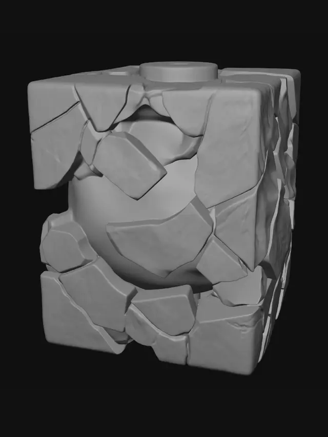 3D model for A perfectly simple fragmented obsidian cube, displaying radical shattered geometry. Its floating shards are held in place by an internal glowing gold energy core, emitting a soft, ethereal light. The matte black obsidian textures provide a high-contrast PBR aesthetic. This non-Euclidean object, unified by luminous gold electrical filaments in a kintsugi style, is presented in a clean, hyper-detailed render, showcasing its broken yet cohesive form against a stark background.