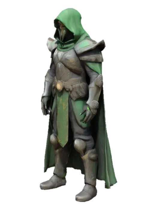 3D model of a masked armored warlord in a dynamic battle pose, medieval sci-fi… - Villian 3D model, vytvořený pomocí AI