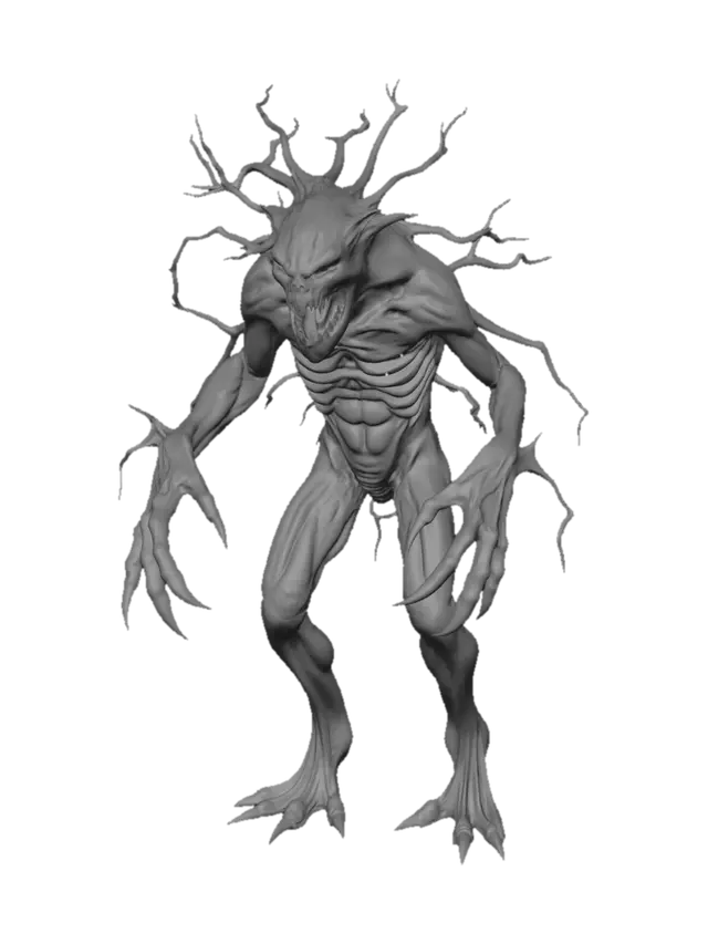 3D model for ik wil een super freaky creepy horror monster die inblend tussen bomen en er vies en eng uit ziet het moet gewoon angstaanjagend zijn