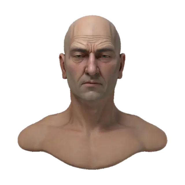 3D model for Ultra-realistic bust 3D man. 8K PBR textures, visible fabric grain, natural skin pores, lighting optimized for cinematic close-up rendering. close eyes. game ready. photogrammetry
